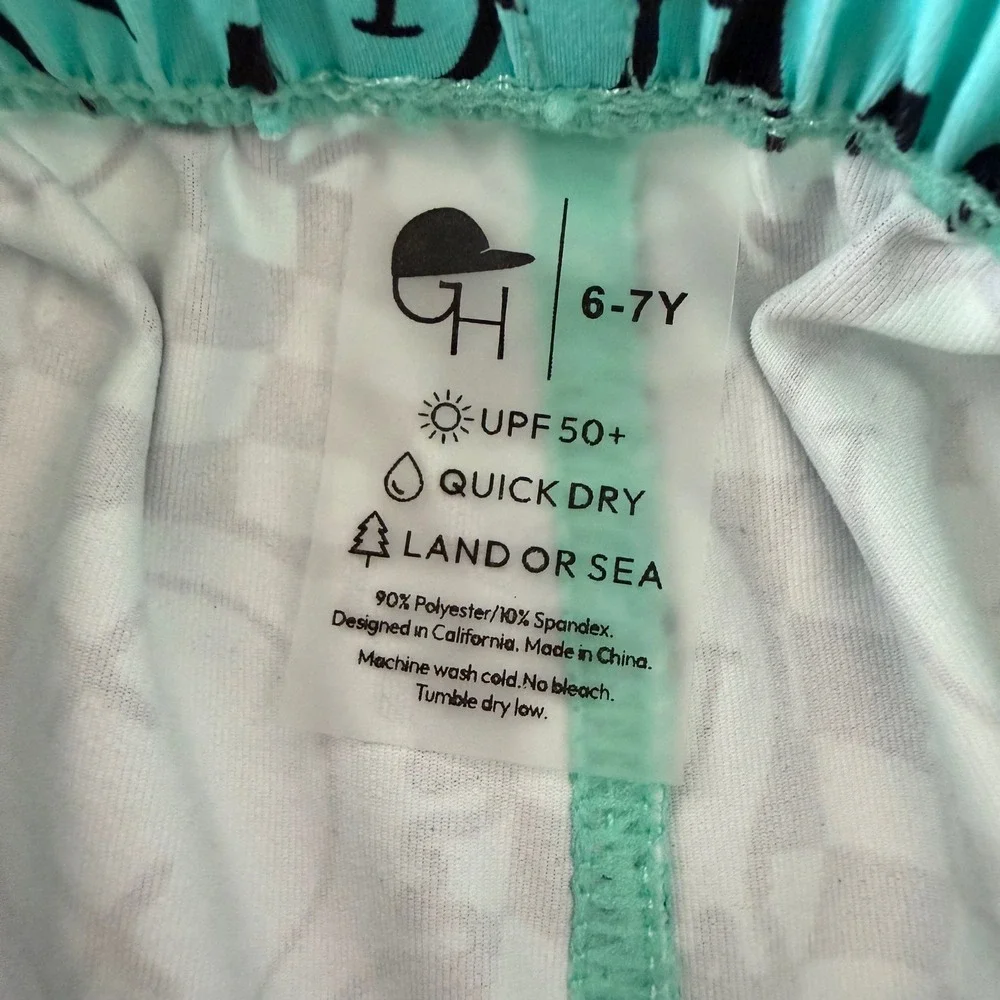 George Hats Kids Aqua Checkered Melting Smiley Hybrid‎ Swim Shorts 6-7Y UPF 50+